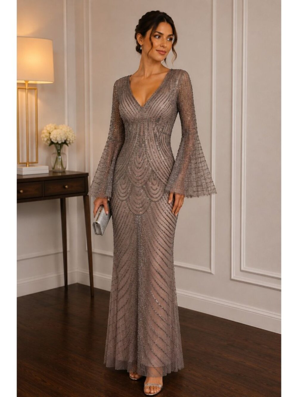 Adrianna Papell Beaded Long Gown With Bell Sleeves & Sheer Overlay - Size 6 US